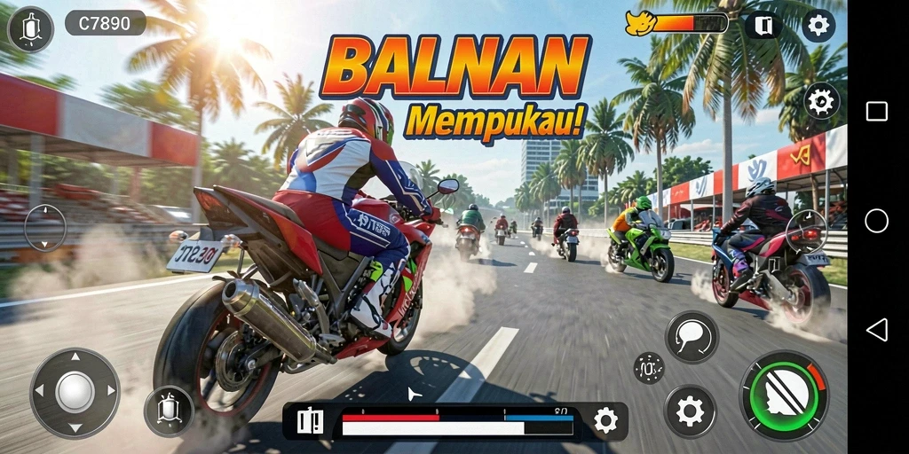 Screenshot gameplay C7890 menampilkan aksi balapan motor yang intens dan mendebarkan.