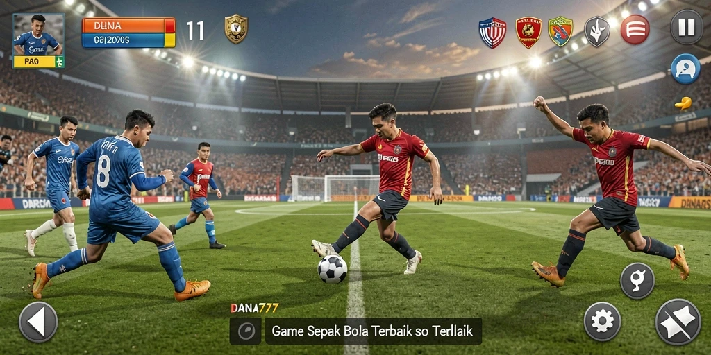 Tampilan gameplay DANA777 dengan aksi sepak bola yang mendebarkan.