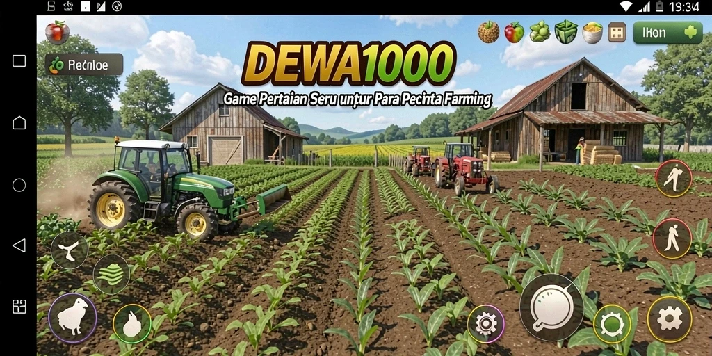 Screenshot gameplay DEWA1000 menunjukkan aktivitas bertani dan pemeliharaan hewan.