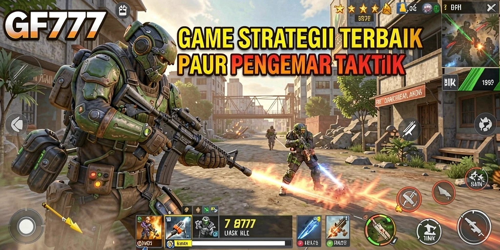 Screenshot utama GF777 menampilkan aksi pertempuran strategis yang intens.