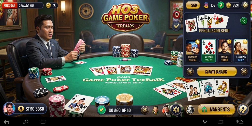 Tampilan gameplay seru di HO3 dengan pemain poker dari seluruh dunia.