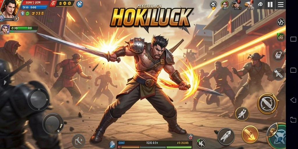 Tangkapan layar gameplay HOKILUCK menampilkan pertarungan epik antara karakter yang beragam.