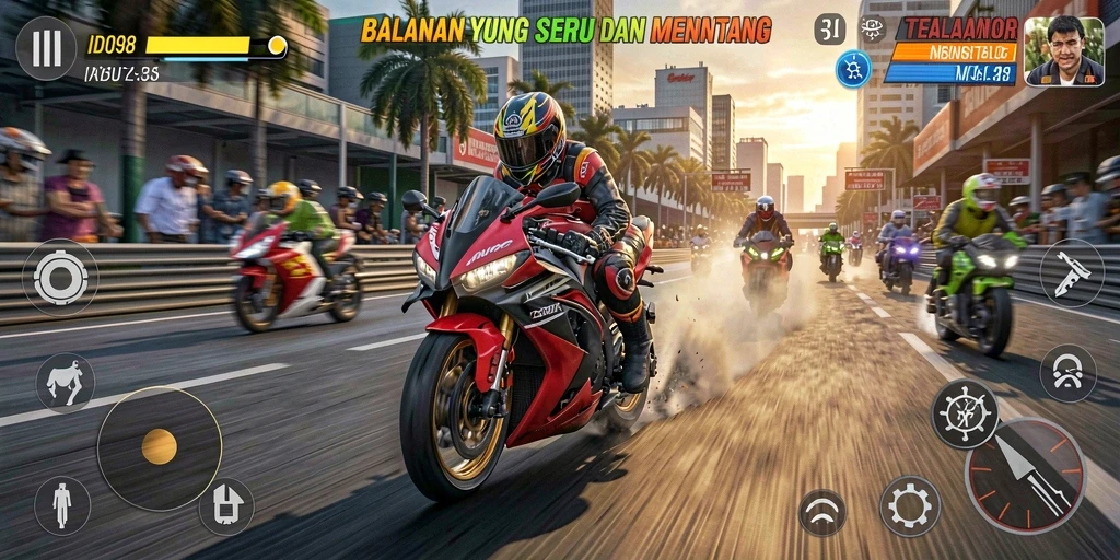 Screenshot permainan <strong>ID098</strong> menunjukkan aksi balapan motor yang mendebarkan.
