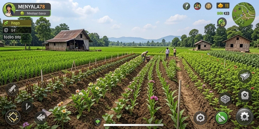 Screenshot gameplay <strong>MENYALA78</strong> menampilkan petani sedang merawat tanaman di ladang.