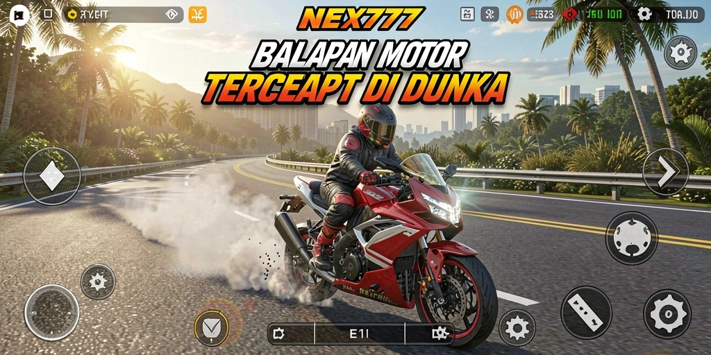 Screenshot gameplay NEX777 yang menampilkan balapan motor di trek cepat.