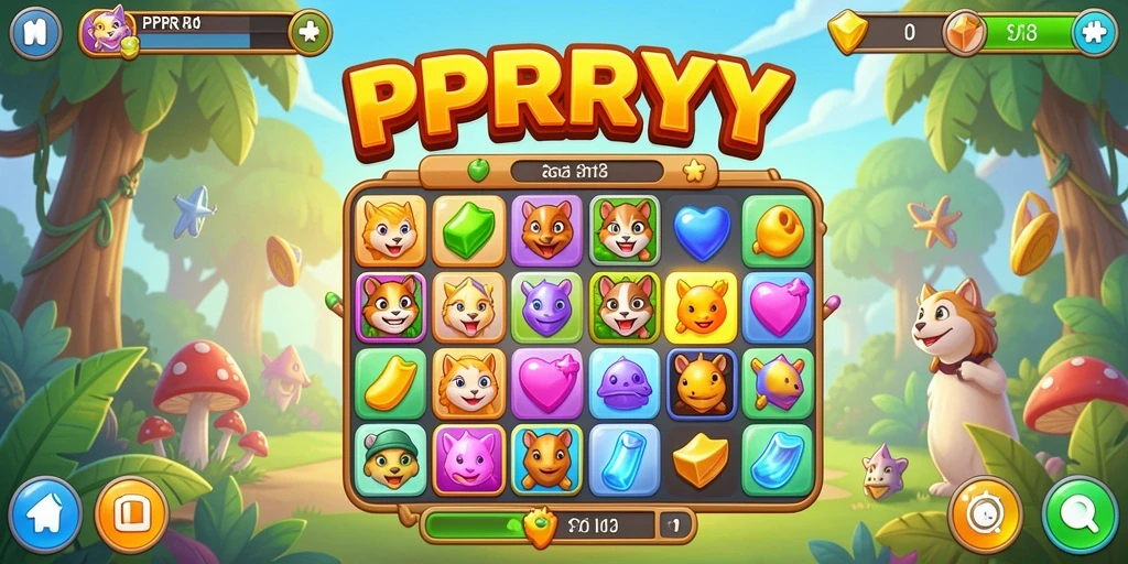 Screenshot PPRRYY menampilkan gameplay Match-3 yang penuh warna dan seru.