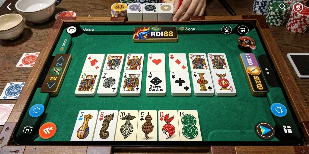 Tampilan screenshot RDI88 menunjukkan gameplay seru permainan Domino di ponsel.