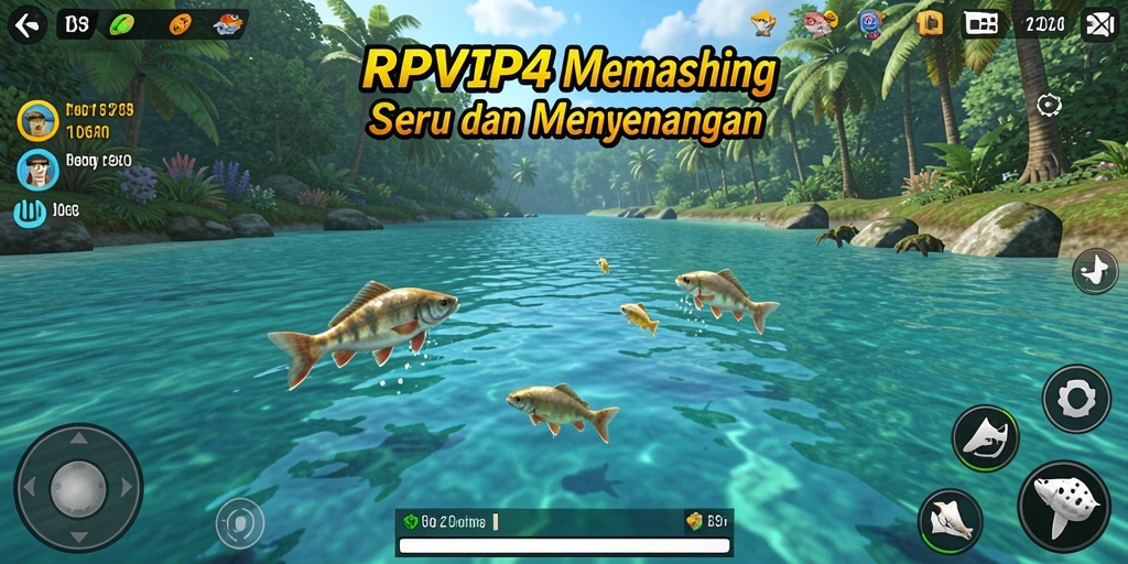 Gameplay RPVIP4 yang menampilkan aksi memancing di lautan.